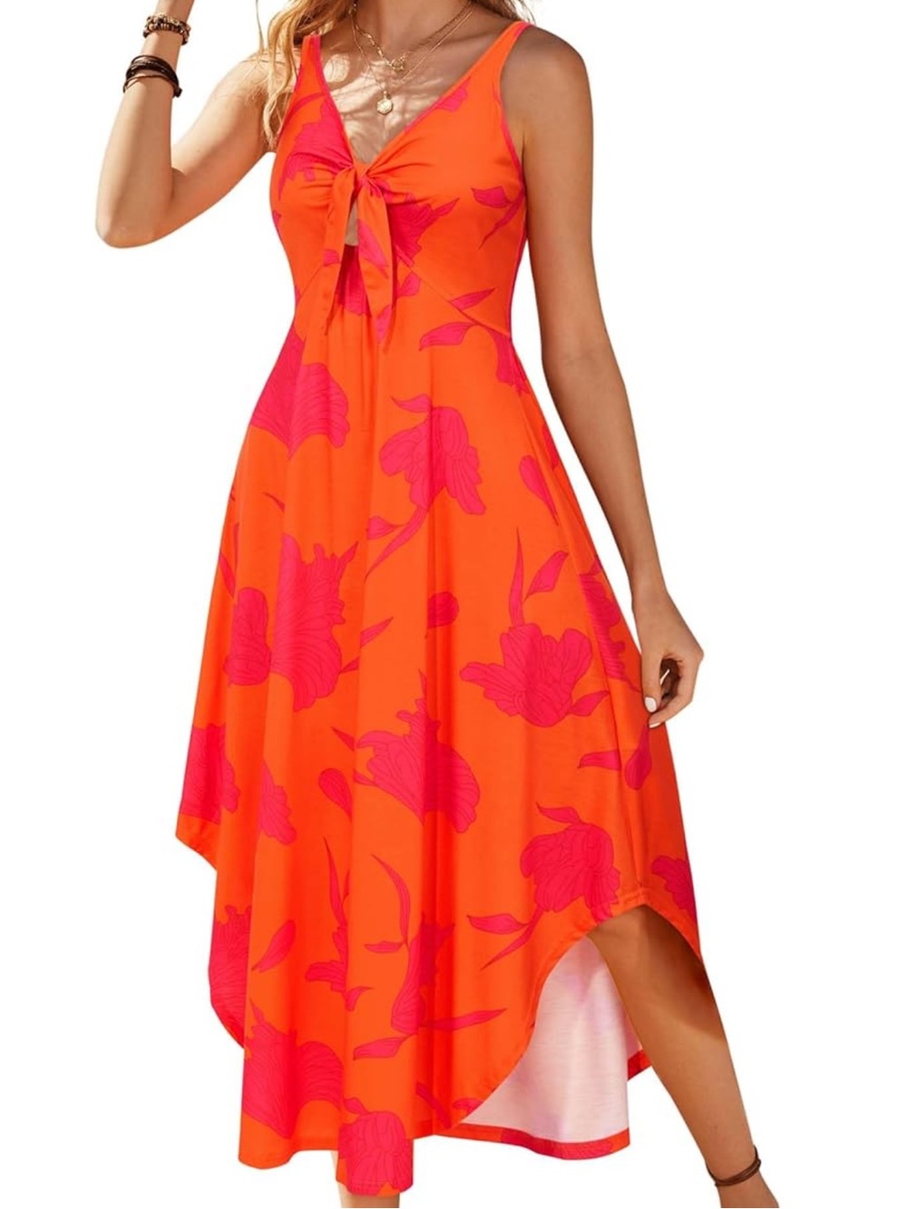 Chic Nation Orange & Pink Asymmetrical Tie-Front Sundress
